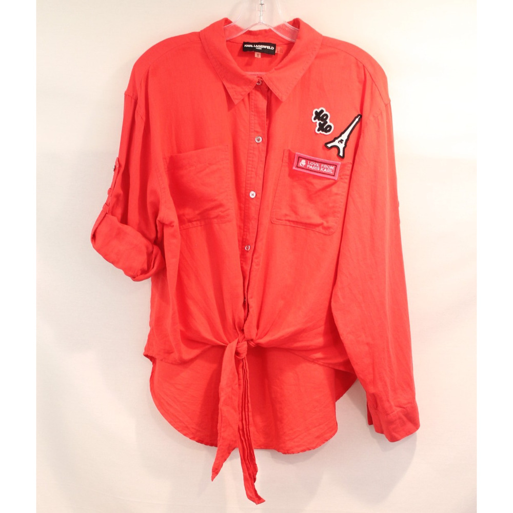 Karl Lagerfeld Vintage Paris Patch Top Womens size M Red Front Tie Roll Sleeves